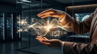 Businessman holding glowing holographic house with digital architecture blueprint and smart home technology visualization in modern office environment.