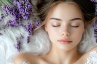 Serene young woman with closed eyes relaxing among fresh lavender flowers on white bedding, expressing wellness, beauty, and natural skincare concept.