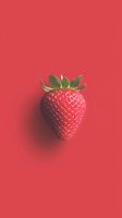 Fresh ripe strawberry with green leaves isolated on red background, casting soft shadow. Minimalist food photography composition for healthy eating concept.