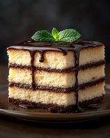 Decadent layered chocolate cake slice with rich ganache frosting and fresh mint garnish on dark background for bakery menu and dessert advertising.