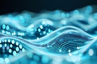 Abstract digital wave pattern with glowing blue particles and dots creating dynamic flowing motion against dark background. Modern technology concept.