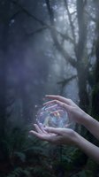 Hands holding glowing magical orb with sparkles in mystical forest atmosphere for fantasy and spiritual concepts.