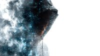 Mysterious hooded figure emerging from cosmic smoke and stars effect, profile view against dark background with glowing blue particles and ethereal atmosphere.