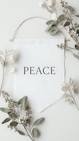 Minimalist wall banner with peace lettering surrounded by eucalyptus and dried botanicals on neutral background for home decor.