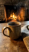 Cozy ceramic coffee mug on wooden table with warm fireplace flames in background creating hygge atmosphere for relaxation and comfort.