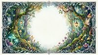 Enchanted forest frame with lush tropical foliage, exotic flowers and ornate decorative borders creating magical botanical border for fairy tale designs.
