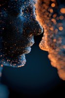 Silhouette of face covered in glowing blue and orange particles against dark background, creating ethereal cosmic effect for fantasy designs.