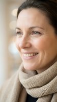 Mature Caucasian woman smiling warmly wearing beige knit scarf, natural lighting portrait showing confidence and happiness in middle age lifestyle.