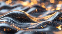 Glowing golden particles flow over smooth dark waves creating magical abstract background with bokeh light effect and sparkles. Luxury design element.