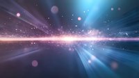 Glowing cosmic horizon with light rays and particles in deep space, featuring pink and blue ethereal beams against dark background. Abstract galactic scene.