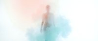 Young adult male with light skin tone, shirtless, standing in abstract watercolor wash of soft blue and pink tones, ethereal and dreamy artistic style, suitable for wellness, mental health, and creative design projects.