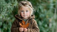 Young blonde girl in brown hoodie holding autumn maple leaf outdoors in natural green foliage background for seasonal childhood photography concepts.