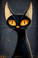 Black cat with glowing amber eyes and pointed ears against dark background, stylized artistic illustration with textured grunge effects and orange accents.