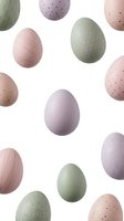 Pastel colored Easter eggs with textured patterns scattered on white background for spring holiday decorations and seasonal greeting cards.