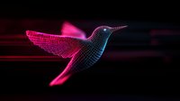 Glowing neon hummingbird with wireframe design in pink and blue colors against dark background creates futuristic digital art effect.