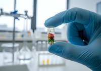 Gloved hand holding small vial with colorful pills in laboratory setting, showcasing pharmaceutical research and medical testing environment.