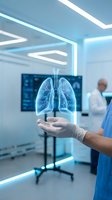 Doctor holding holographic lungs projection in modern medical facility with advanced technology for respiratory healthcare and pulmonology diagnosis.