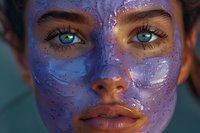 Close up portrait of young woman with bright blue eyes wearing glittery purple and pink face mask for skincare and beauty treatment against dark background.