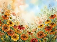 Watercolor wildflower meadow with orange and yellow blooms on soft pastel background for spring and summer designs.