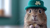 Adorable brown guinea pig wearing green leprechaun hat with shamrock, holding gold coin against blurred green background, celebrating St Patrick's Day holiday.