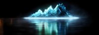 Glowing blue mountain range reflected in calm dark water at night, panoramic view with ethereal light effects creating mystical atmosphere. Suitable for fantasy art.