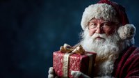 Senior man with white beard and traditional red costume holding wrapped gift box against dark blue background for holiday season marketing.