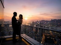 Couple standing on high-rise balcony at sunset, enjoying romantic moment overlooking illuminated cityscape. Ideal for travel, lifestyle, relationships, and urban living concepts.