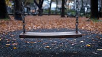 Empty wooden swing in autumn park with fallen orange leaves scattered on ground, creating nostalgic mood. Dark moody atmosphere on cloudy day.