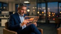 Mature businessman reading financial newspaper in modern office during evening hours with city lights background for corporate communication.