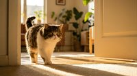 Adorable tabby and white kitten walking through sunny doorway in cozy home interior with warm golden light streaming across wooden floor.
