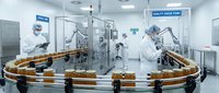 Modern pharmaceutical manufacturing facility with automated conveyor system and technicians in sterile cleanroom environment for drug production.