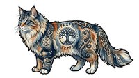Fluffy cat with ornate tree of life and mandala tattoo designs covering body, isolated on white background for clipart and design use.