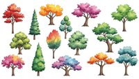 Colorful cartoon trees collection with vibrant foliage in various shapes and seasons isolated on white background for nature design projects.