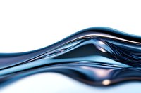 Smooth flowing liquid metal waves create dynamic abstract pattern in blue and silver tones, featuring glossy surface with light reflections and elegant curves.