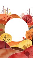 Autumn watercolor landscape with rolling hills, bare trees and white circle frame for text or logo placement on transparent background.