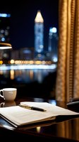 Open notebook with pen and coffee cup on table against blurred city nightscape with illuminated skyscrapers and bokeh lights reflecting on water surface.