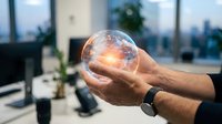 Male hand holding glowing globe sphere with city skyline in background, representing global business, technology innovation, and worldwide connectivity for corporate and entrepreneurial concepts.