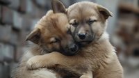 Two adorable brown puppies hugging each other, showing affection and companionship against a blurred urban background.