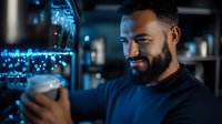 African American male professional examining holographic data visualization in dark office with blue technological interface glowing in modern workspace.