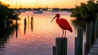 Red ibis bird perched on wooden dock post at golden sunset over calm water with boats in background creating peaceful waterfront scene.