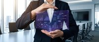 Professional businessman in dark suit presenting holographic financial data analytics dashboard with charts and graphs in modern office boardroom setting.
