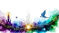 Fantasy watercolor landscape with dragon, castle and magical elements in vibrant purple, blue and green colors with golden light burst and ornate swirls.