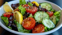 Fresh garden salad with cherry tomatoes, cucumber slices, mixed lettuce leaves and lemon wedges garnished with black sesame seeds in white ceramic bowl.