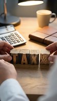 Hands holding wooden tax percentage blocks on desk with calculator, coffee mug, and desk lamp in office workspace for accounting and financial planning concepts.