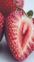 Fresh ripe strawberry cut in half showing juicy red flesh and yellow seeds in macro close-up photography on white background.