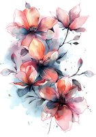 Delicate coral and gray watercolor flowers with translucent petals on white background, featuring soft splashes and flowing botanical composition for wall art and textile design.