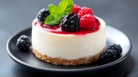 Mini cheesecake topped with fresh berries and mint on dark plate. Creamy dessert with graham cracker crust, raspberries and blackberries for bakery menu.