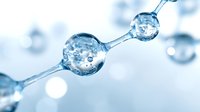 Macro photography of water molecules connected in chain formation with air bubbles inside against light blue background, science concept for chemistry and physics.