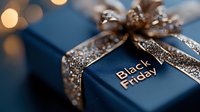 Black Friday gift box with gold glitter bow and text on dark blue background, perfect for holiday shopping promotions and seasonal retail marketing campaigns.