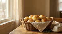 Fresh baked dinner rolls in wicker basket with linen cloth on wooden table by window with warm natural sunlight for homemade bread and bakery concepts.
